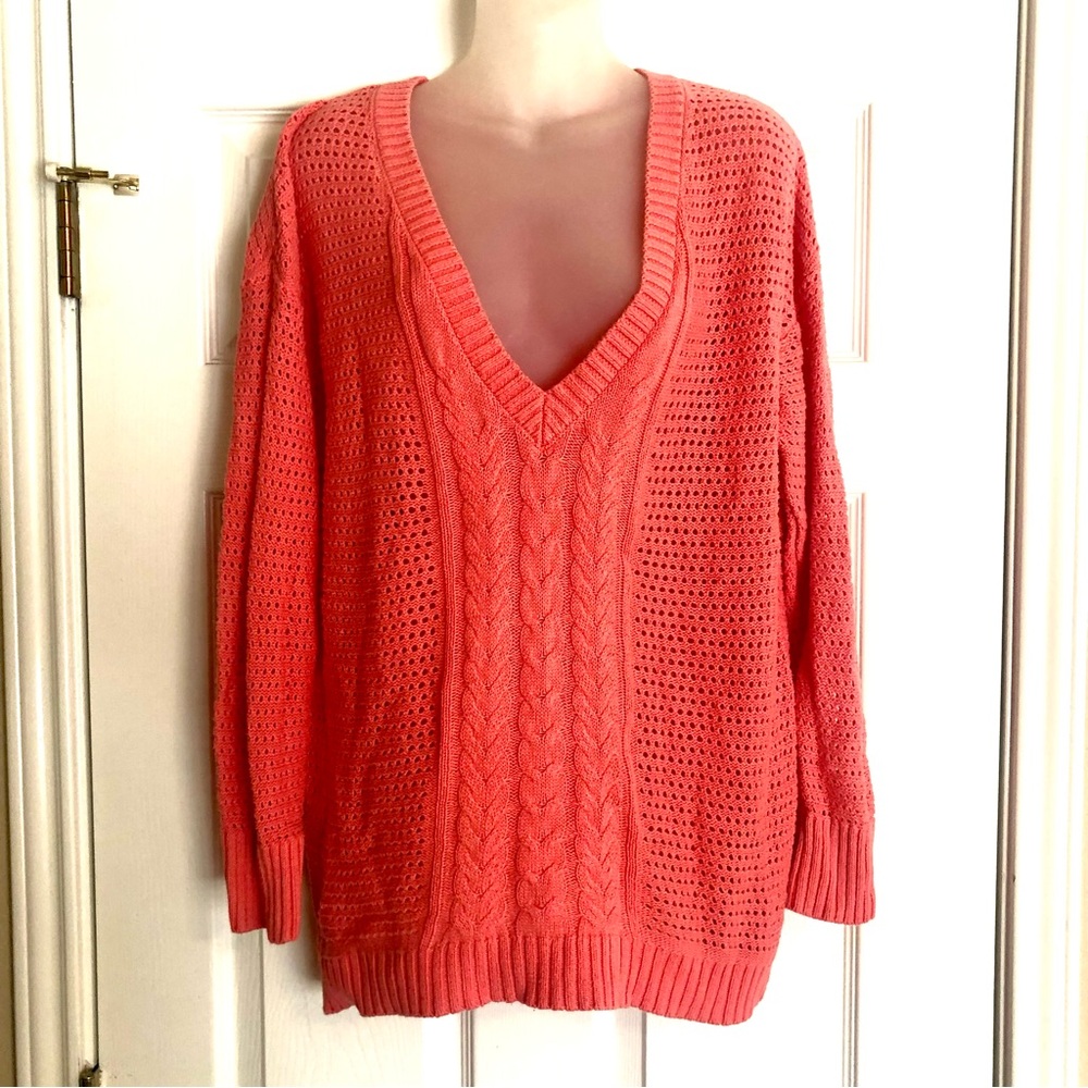 Lane Bryant Coral V-Neck Sweater with Cable Knit
